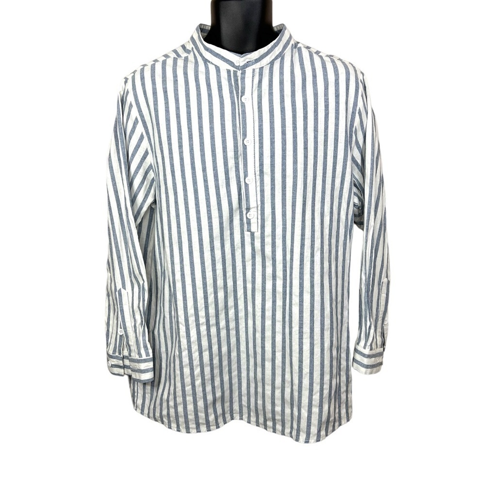 Large Men’s Hawalili Blue White Striped Long Sleeve Shirt Cotton Breathable